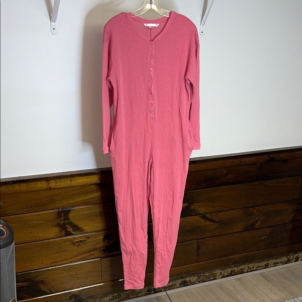 Victoria's Secret Pink Ribbed Thermal Button Down One‎ Piece PJs- M